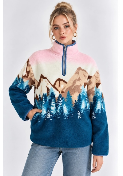Mevese Cepli Ve Yarım Fermuarlı Dik Yaka Desenli Kadın Oversize Polar Sweat - Pembe-mavi Mevese Cepli Ve Yarım Fermuarlı Dik Yaka Desenli Kadın Oversize Polar Sweat - Pembe-mavi