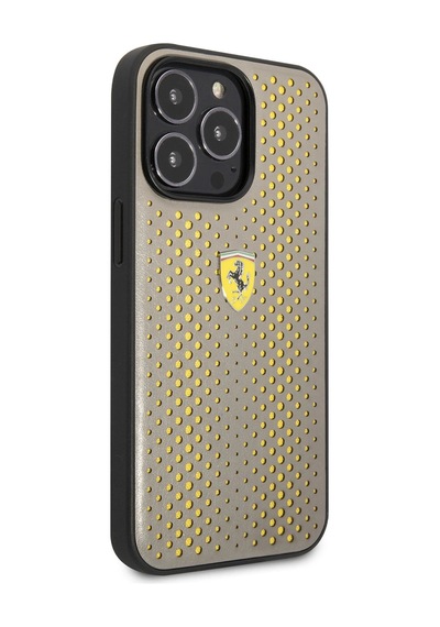Apple iPhone Uyumlu 14 Pro Max Kılıf Ferrari Deri Sarı Noktalı Dizayn Kapak