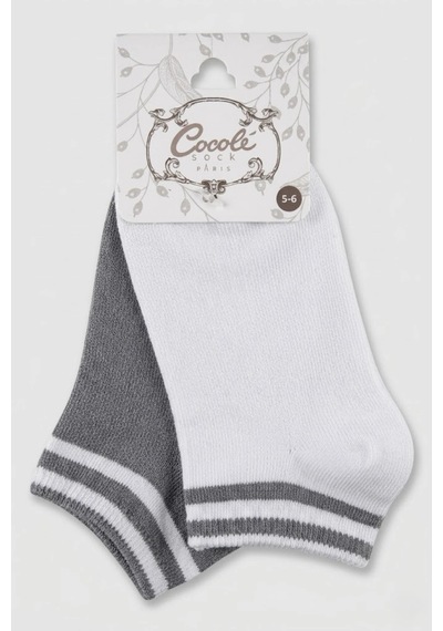 Cocole Socks Erkek Çocuk Patik Çorabı 2 Li Set Pamuklu Beyaz & Gri Çizgi Detaylı Çok Renkli