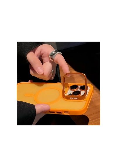 iPhone Uyumlu 13 / 14 Kamera Korumalı Stantlı Magsafe Destekli Mat Lens Koruyucu Telefon Kılıfı Orange