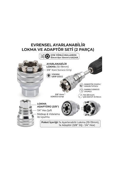 2 Parça Evrensel Ayarlanabilir Lokma Anahtar Seti 10-19 Mm 3/8'' Matkap Adaptörlü Somun Sökme Aparatı Somun Sıkma Aparat