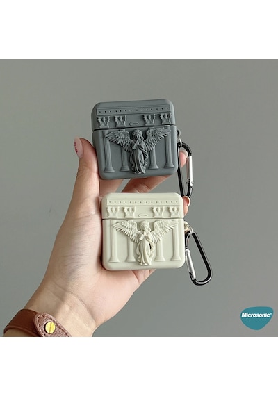 Microsonic Apple Uyumlu AirPods 4.nesil / Anc Kılıf Cartoon Figürlü Silikon Praying Angel Bej - Gri