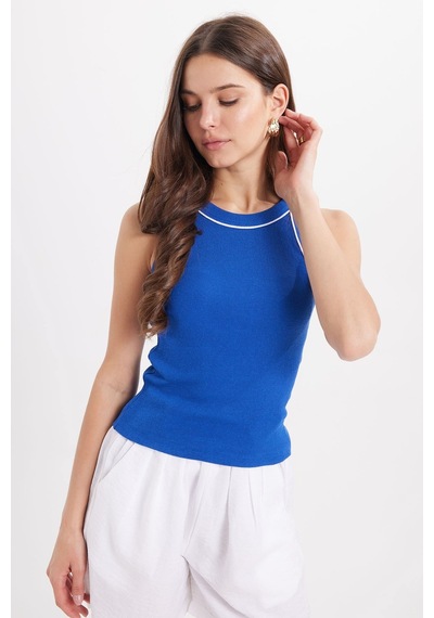 Tudors Kadın Slim Fit Dar Kesim Pamuklu Askılı Bisiklet Yaka Biyeli Saks Mavi Crop Atlet-50982