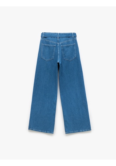 Koton Geniş Paça Kemer Detaylı Pileli Pamuklu Jean Pantolon - Wide Leg Jeans Orta İndigo 5sal40181md Indigo