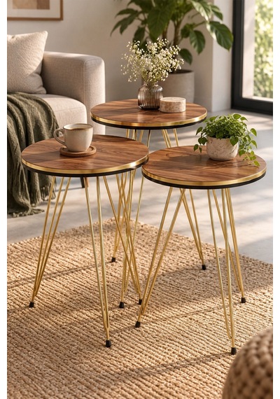 Sulorahome Ceviz Desenli Gold Metal Ayaklı 3'lü Zigon Sehpa Takımı Ceviz - Altın