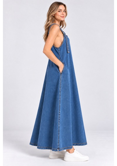Bul-al Kadın Siyah Askılı Cep Detaylı Denim Elbise Mavi
