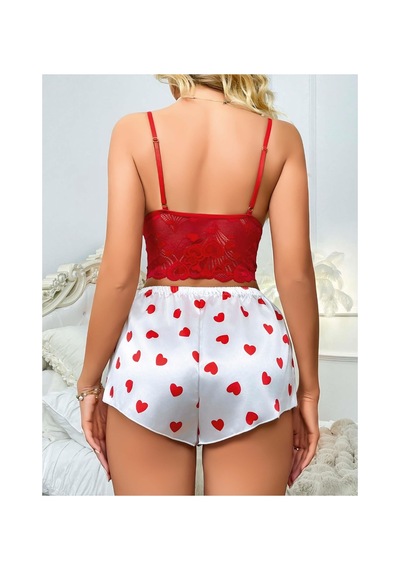 Kadın Kırmızı Kalp Desenli Şort Askılı Dantel Üst Pijama Takımı 2218 Beden: L/xl, Renk: Kırmızı Çok Renkli