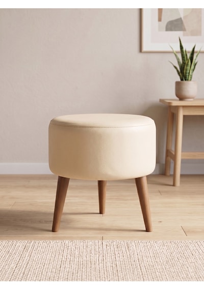 Modern Gri Deri Puf Tabure Ahşap Ceviz Ayaklı Yuvarlak Puf 40x42 Cm Krem