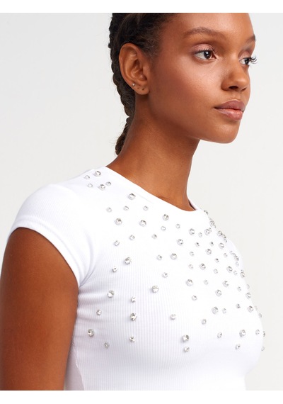 Dilvin Parlak Taşlı Crop Top Beyaz