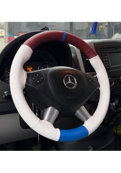 Dikişli Direksiyon Kılıfı Bordo / Mavi / Beyaz Deri Mavi Yüzük Siyah Dikişli Mercedes Sprinter Siyah