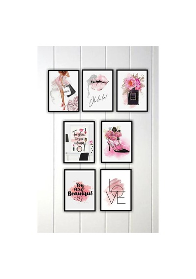 7 Parça Ev Dekorasyon Pembe Çerçeve Görünümlü Arkası Yapışkanlı Çoklu Mdf Tablo Set Pembe - 611613084 Pembe