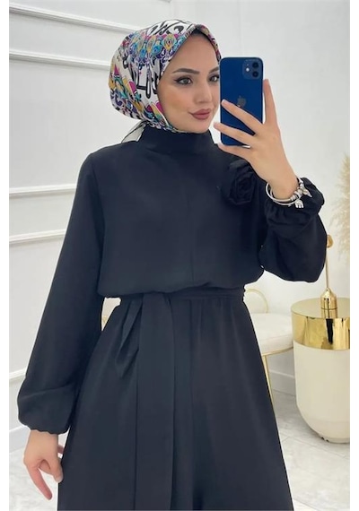Neşeli Butik Kadın Krep Kuşaklı Gül Detaylı Salaş Tulum Nms003 Siyah