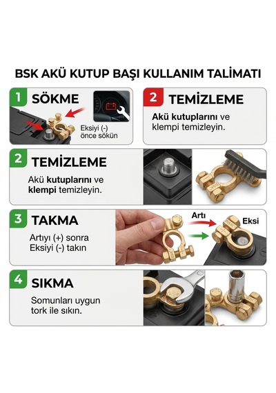 Bsk Vidalı Akü Kutup Başı Seti Artı + Ve Eksi - Pirinç Akü Kutup Başlığı 2'li Takım
