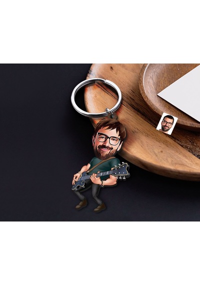 Bk Gift Kişiye Özel Gitarist Karikatürlü Ahşap Anahtarlık-1 Sevgiliye Hediye, Arkadaşa Hediye, Doğum Günü Hediyesi