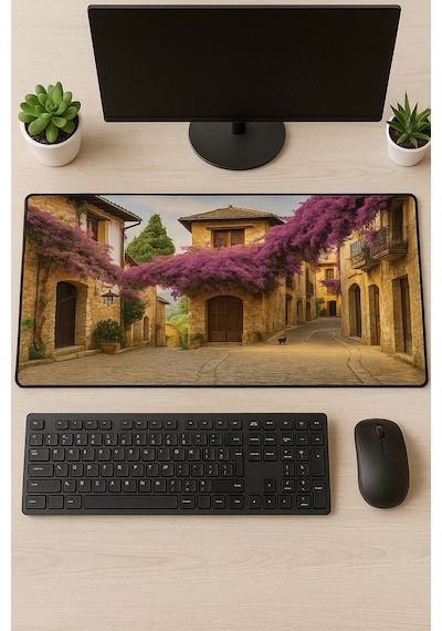 Sonictouch Ultragrand Leylak Çiçekli Taş Evler Dikişsiz Xxl Gaming Oyuncu Masaüstü Mor Klavye Mouse Mousepad