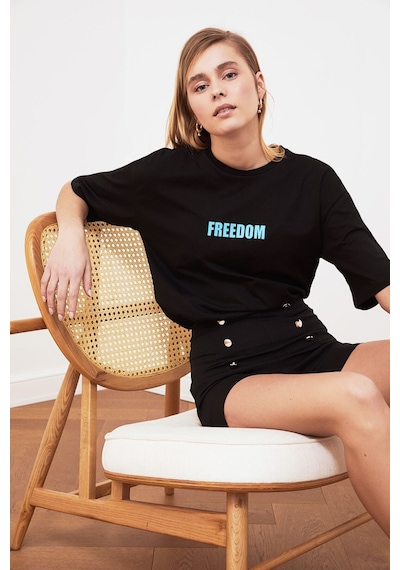 Blackjack Giyim Kadın Siyah Freedom Baskılı Tshirt Siyah