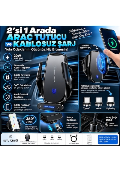 Schitec 20w Sensörlü Araç İçi Kablosuz Hızlı Şarj Aleti Ve Telefon Tutucu