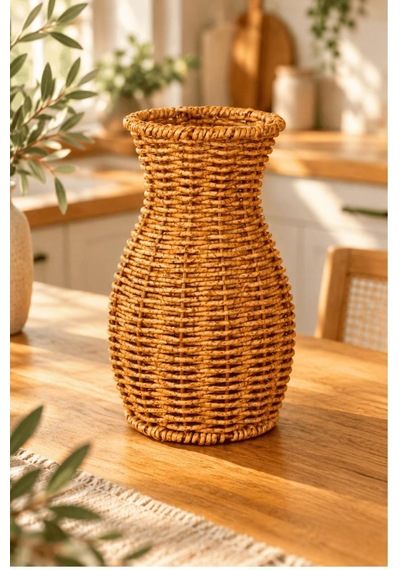 Atbyhome Doğal Hasır Rattan Çiçek Vazosu 26 Cm - Masa Üstü Dekoratif El Örgüsü Kuru Çiçeklik Ve Saksı Kahverengi