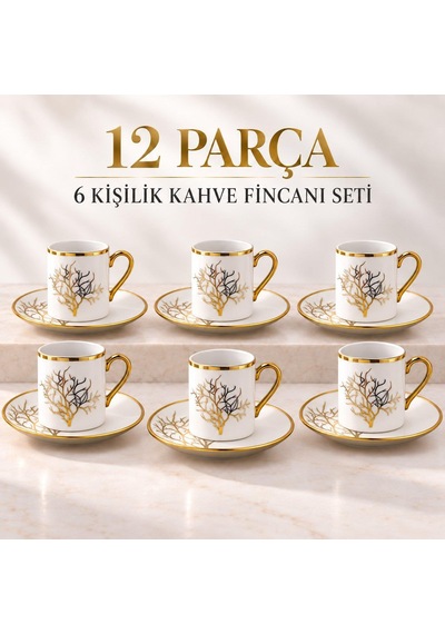 Valkyrie 12 Parça 6 Kişilik 80 Ml Türk Kahvesi Fincan Takımı Gold Detaylı Ağaç Desenli K654-a