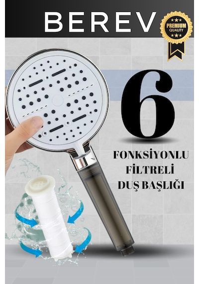 6 Fonksiyonlu Krom Filtreli Duş Başlığı 10 Adet Yedek Filtre Su Tasarruflu Basınçlı Kireç Klor Önleyici