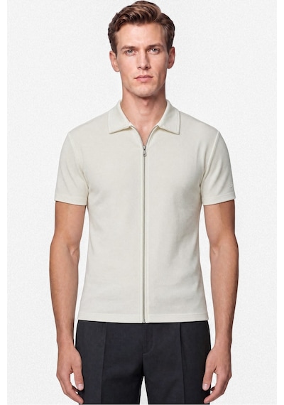 Efor Comfort Fit Rahat Kalıp Polo Yaka Fermuarlı Ekru Beyaz Tişört Ts 930