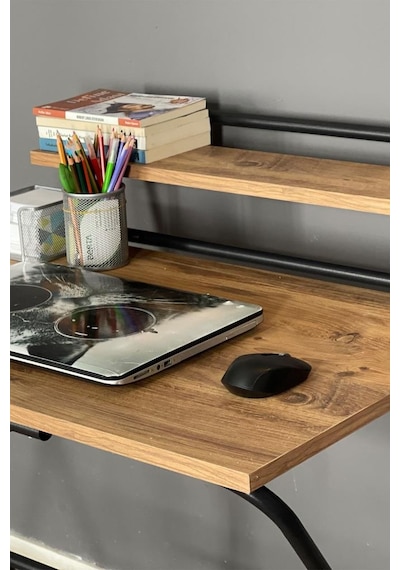 Lich Metal Ayaklı Katlanır Çalışma Masası Raflı Laptop Sehpası Çizim Ve Ders Masası Ceviz - Siyah