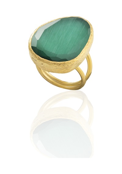 Kadir Jewellery 22 Ayar Altın Kaplama Kadın Fosil Taşlı Yüzük Ördek Yeşil