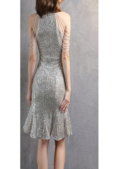 Hanife Glam Couture Hanife Glam Boncuk Detaylı Pulpayet Abiye Elbise Gümüş