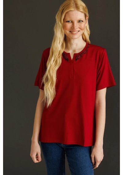 Desen Triko Kadın Açma Yaka Dantel Çiçek İşlemeli Penye T-shirt 24751 Bordo Bordo
