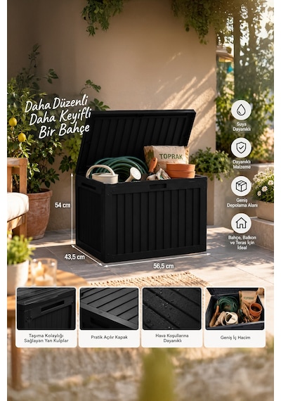 Porsima 161001-010 130lt Kilitli Organizer Kapaklı Bahçe Balkon Kiler Sandığı Çok Amaçlı Depolama Sandığı Siyah Siyah