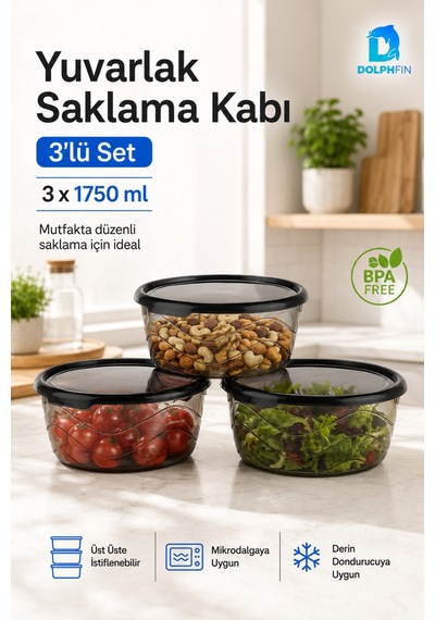 3 Lü Yuvarlak Saklama Kabı Seti 3x1,75 Litre Füme Şeffaf Siyah Kapaklı Bpa İçermez