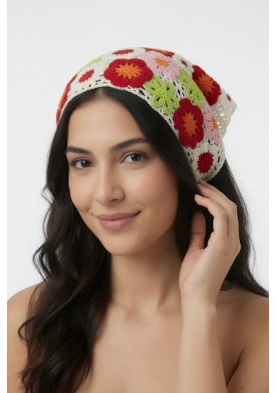 Yazlık Çiçek Desenli Üçgen Triko Bandana Kadın Ayarlanabilir Saç Aksesuarı Bej