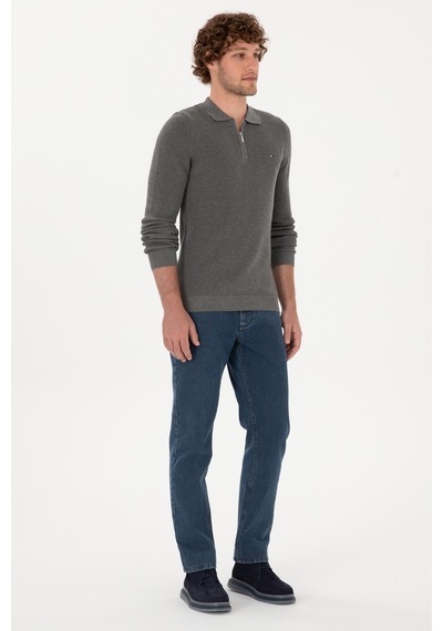 U.S. Polo Assn. Erkek Regular Fit Fermuarlı Gri Melanj Basic Kazak 50313685-VR086
