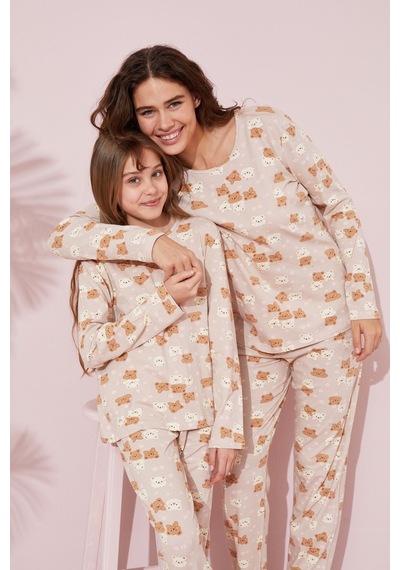 Siyah İnci Pamuklu Örme Pijama Takım 24241098 Bej