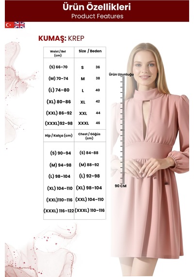 Zedefx Kadın Uzun Kollu Göğüs Dekolteli Elbise Pembe