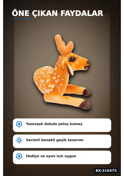 Peluş Geyik Sesli Oyuncak 30 Cm Yumuşak Çocuk Oyun Arkadaşı Tekli Paket Bx-316475 Çok Renkli