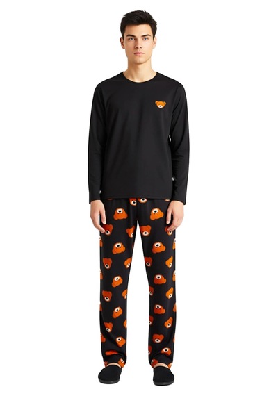 Ersefa Ayıcık Desenli Bisiklet Yaka Uzun Kollu Pijama Seti Unisex Fonksi Siyah