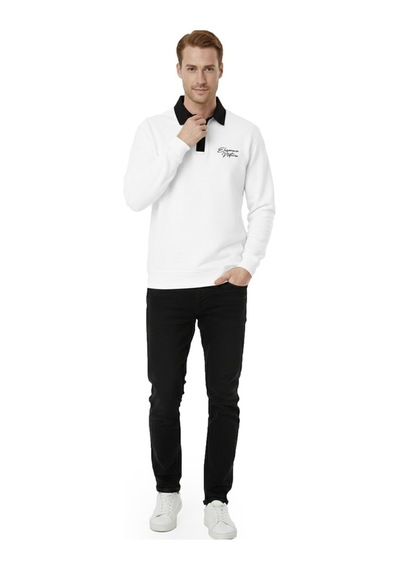 Deepsea Erkek Beyaz Relax Fit İçi Polarlı Polo Yaka Sweatshirt Pamuklu Kalın Sweatshirt 2600762 Beyaz