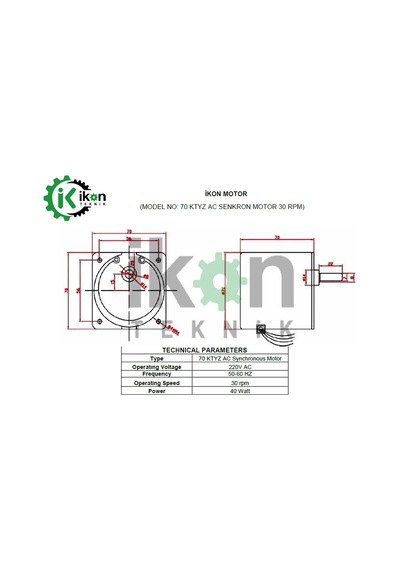 İkon Teknik İKON TEKNİK AC SENKRON MOTOR 70 KTYZ 40 Watt 30 RPM 220 Volt