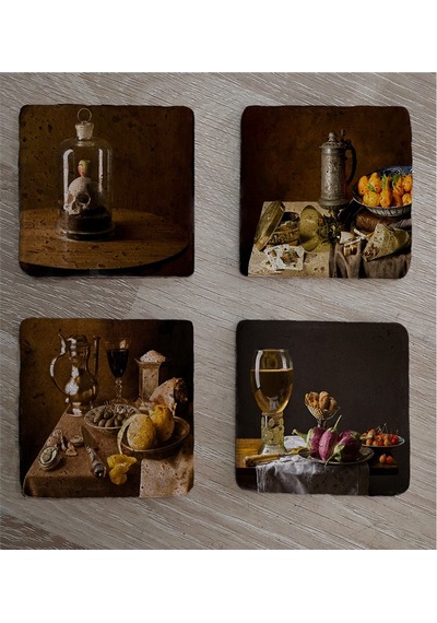 Eski Objeler Natürmort Doğal Taş Bardak Altlığı 4'lü Set - Natural Stone Coasters - Taş Çok Renkli