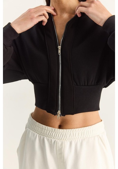 Shade Kadın Fermuarlı Kapüşonlu Belden Oturmalı Esnek Örme Crop Sweatshirt 60283858 - Siyah