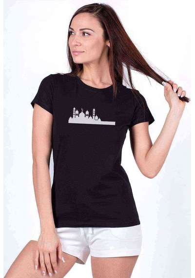 Silhouette Mosque Baskılı Siyah Kadın Tshirt (534296281)