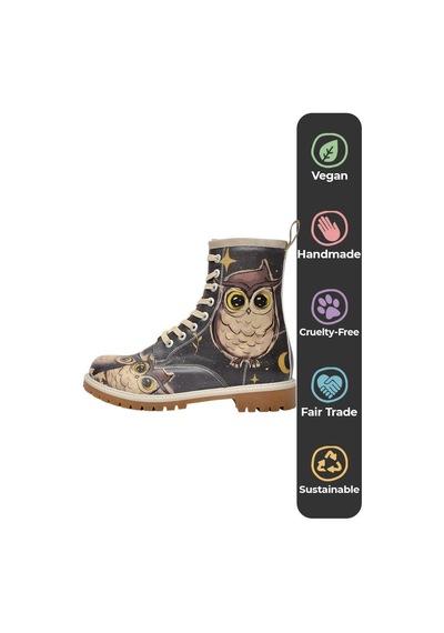 Kadın Vegan Deri Siyah Uzun Bot - Owls Family Tasarım Çok Renkli