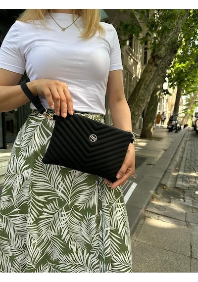 Sanmorris Kadın Siyah Renkli Saten Kumaş Ayarlanabilir Çapraz Ve El Askılı Portföy, Clutch Çanta Siyah