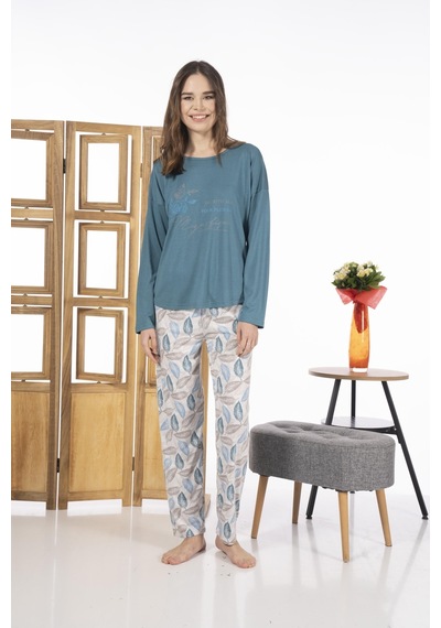 Estiva 24119 Kadın Yaprak Desenli Uzun Kollu Yazlık Viskon Pijama Takımı 001