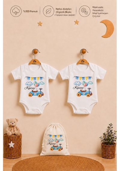 Pia Baby İsme Özel Erkek Bebek Hediye Seti 2'li %100 Pamuk Organik Baskılı Çıtçıtlı Body Zıbın Ve Ham Bez Bebek Kıyafet Kesesi 2071b2k2x Krem