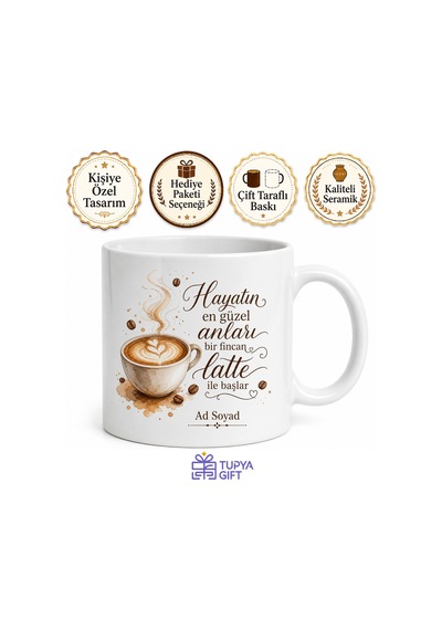 Latte Severlere Özel Tasarım Baskılı Porselen Kupa Bardak Kahve Hediye Beyaz / Çok Renkli