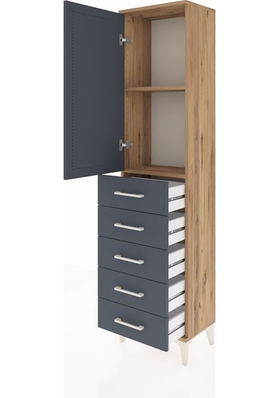 Arges Dolap 2 Raflı 5 Çekmeceli Tek Kapaklı 44x30x182 Çam-ant... Çam