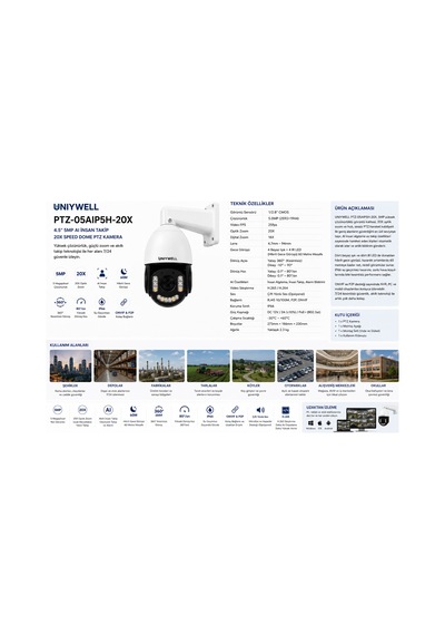 Uniywell 4.5 İnc 5 Mp Aı İnsan Takip 20x Speed Dome Ptz Kamera 60 Mt Hibrit Gece Görüşü