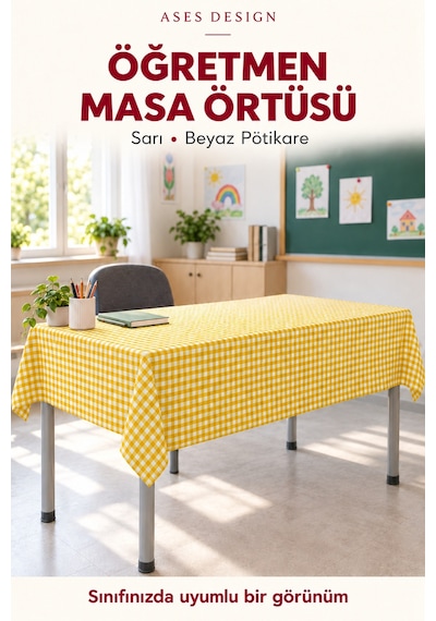 Sarı Beyaz 5'li Lastikli Sıra Örtüsü, 100x140 Cm Öğretmen Masa Örtüsü Hediye
